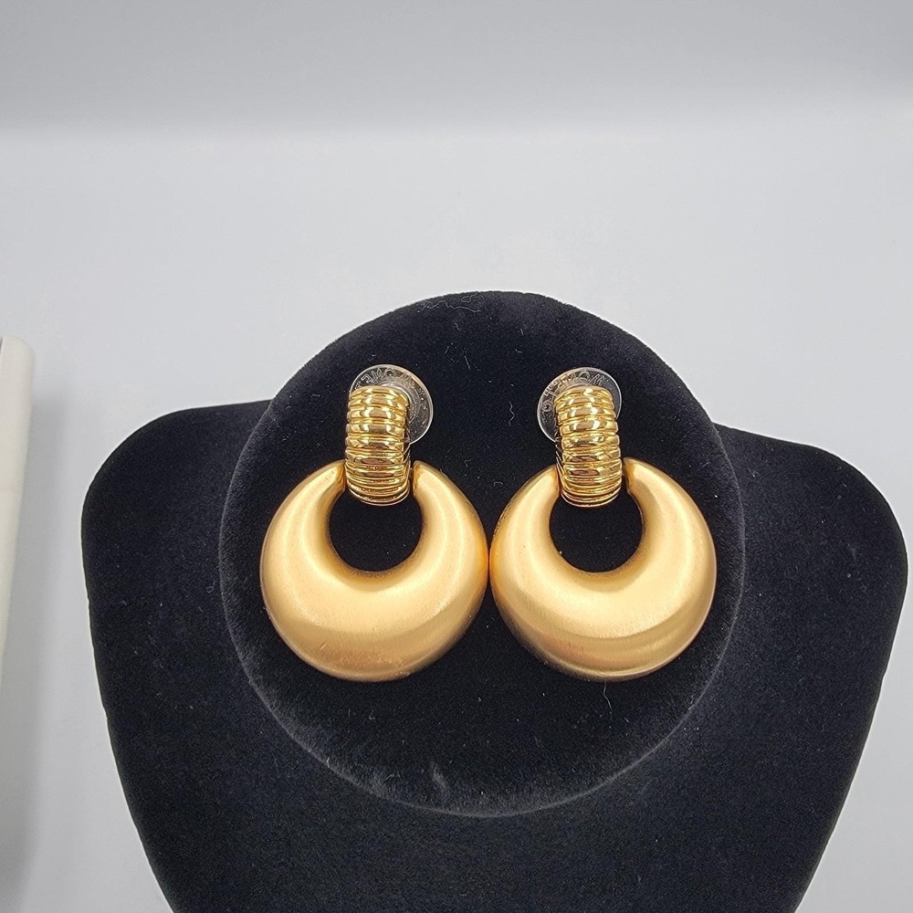 Vtg Monet 1 5/8inch Door Knocker Lrg Brushed Gold Tone Dangle Earrings Pierced